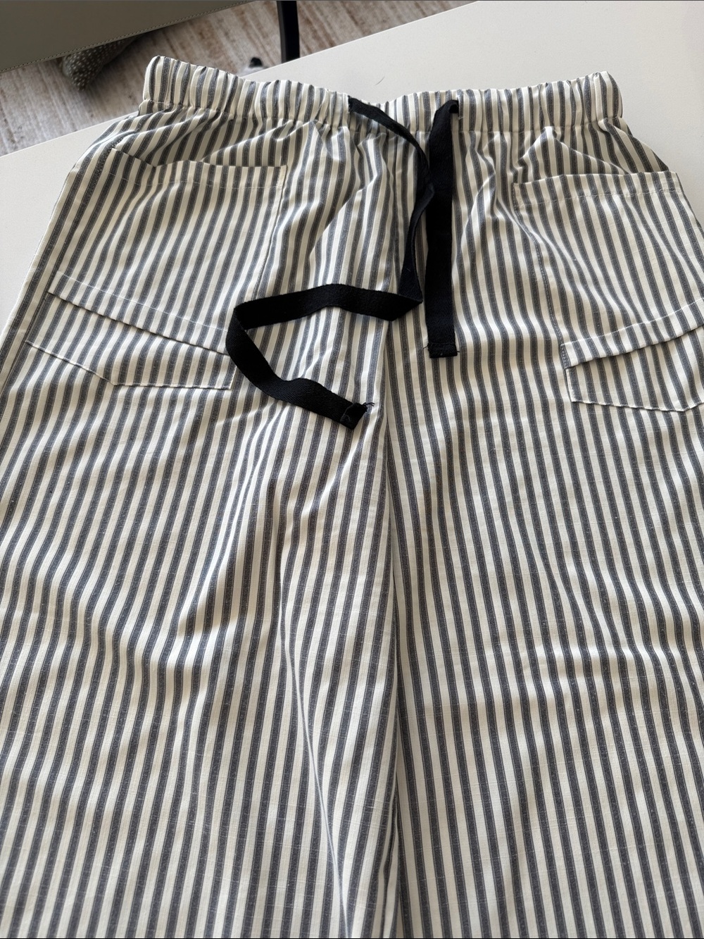 Striped Drawstring Wide-Leg Pants in grey and white.  Pull-on